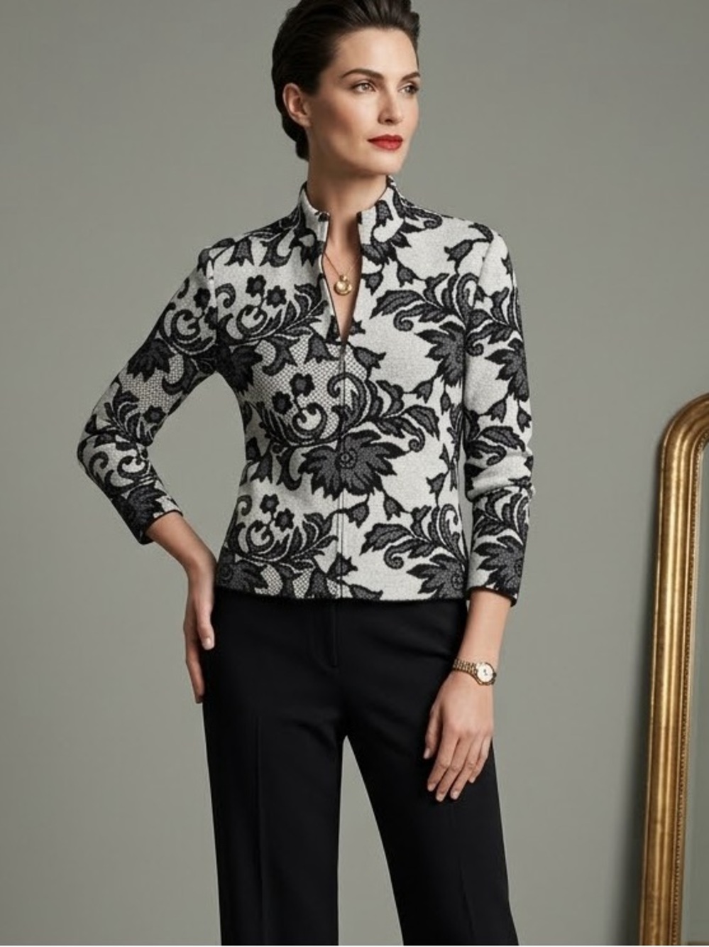 VTG St. John Collection Marie Gray Jacquard Knit Full Zip Jacket Black White M⁠